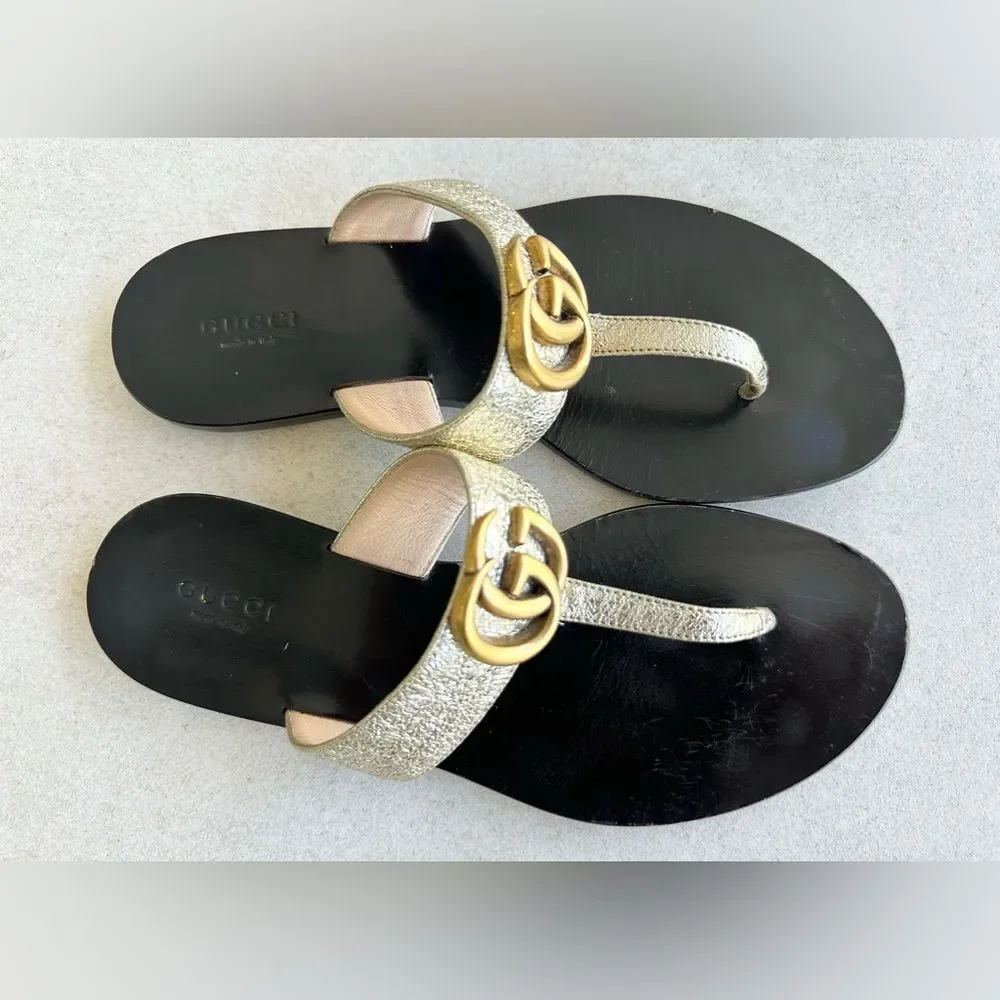 Gucci GG Marmont Sandals Metallic Gold Leather Thong Flats Flip Flops Size 37
